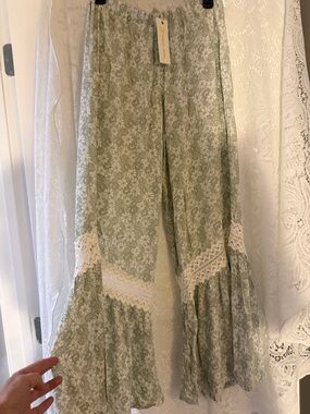 Ocean Drive Sage Green Floral Ruffled Pants